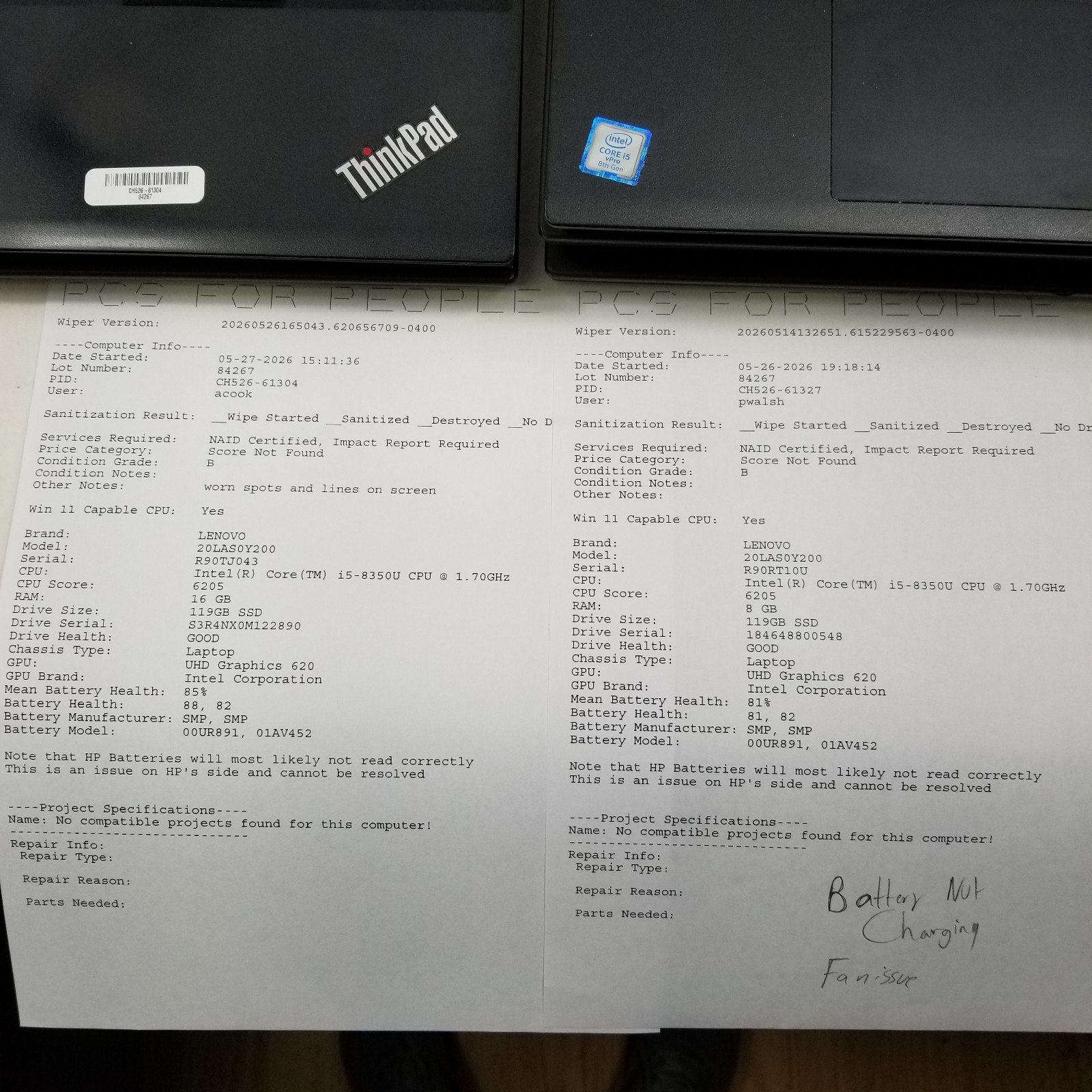 Lot of 7 Lenovo ThinkPad T580 Mixed Specs i5 / i7 for Parts or Repair *Read*