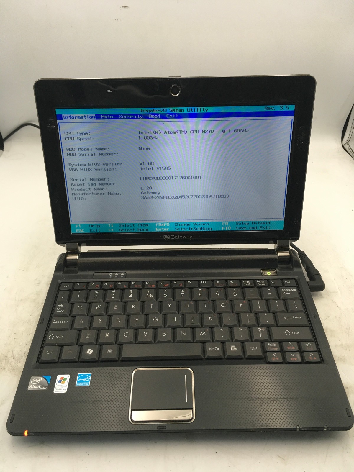GATEWAY XF KAV60 – BOOTS TO BIOS – INTEL ATOM N270 – 1GB RAM – 10″ -READ DESC-BB