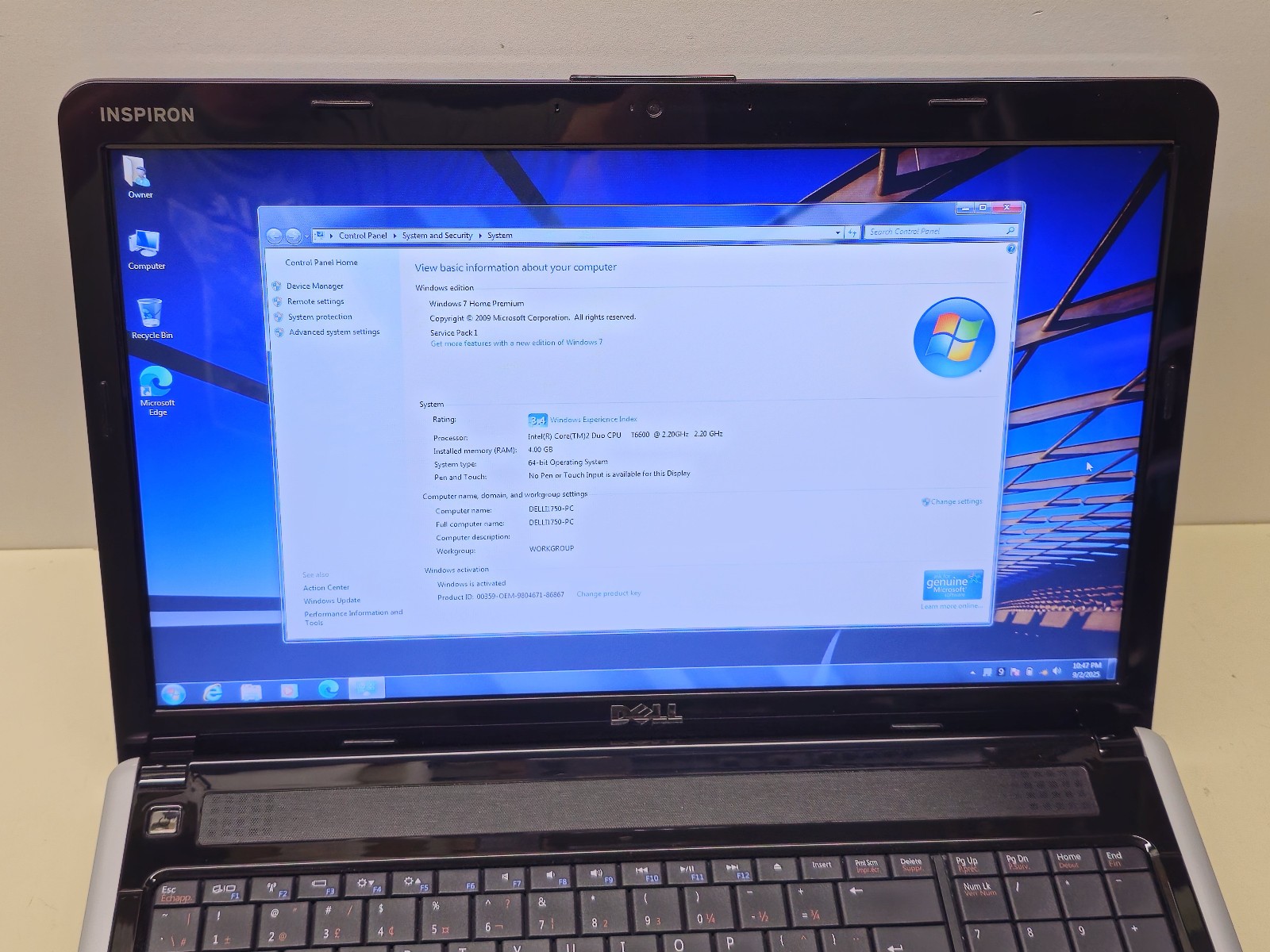 Dell Inspiron 1750 17.3″ Core2Duo T6600 + 4GB + 500GB + Windows 7 Home TESTED