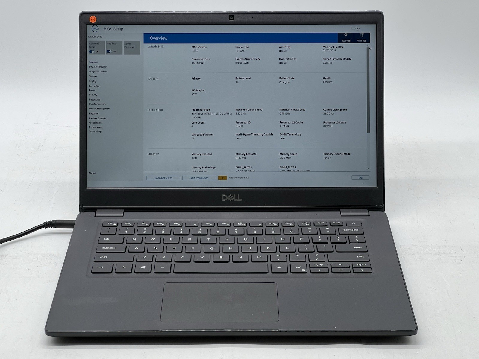 Dell Latitude 3410, i7-10510U CPU, @ 1.80GHz, 8GB RAM, 256GB NVMe-No OS/Charger