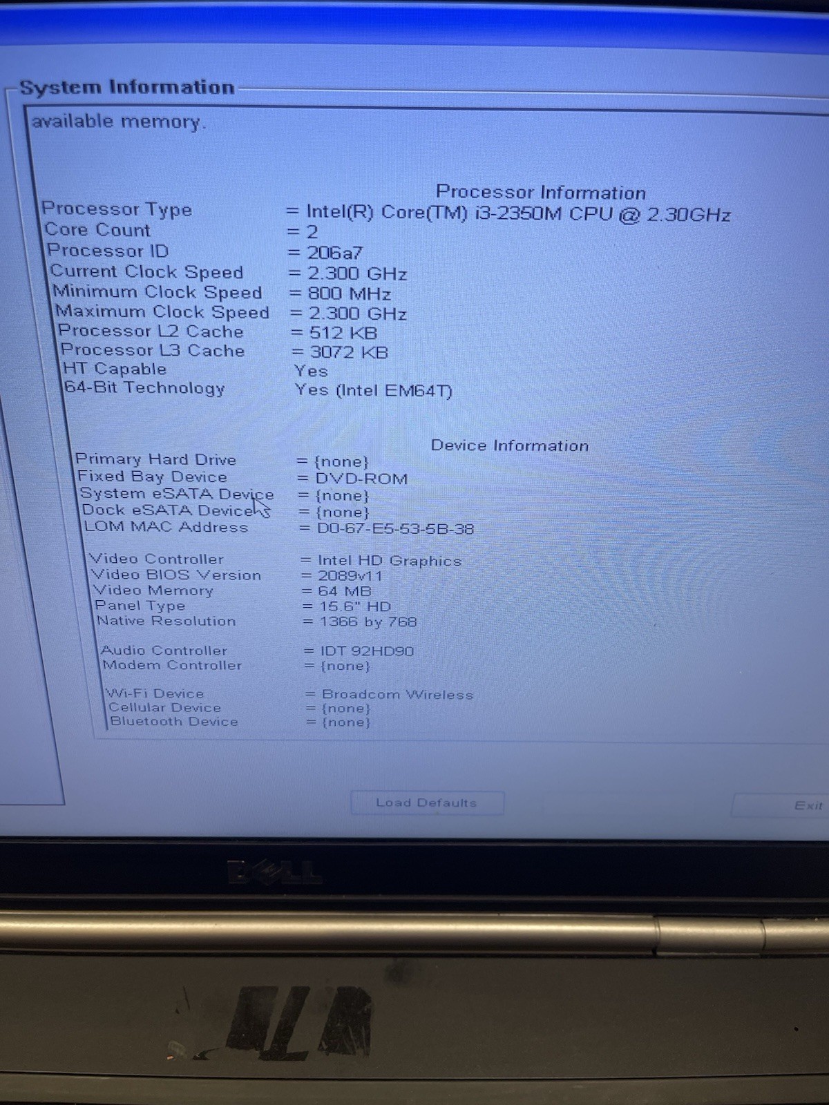 Dell Latitude E5520 i3-2350M CPU@2.30GHz No RAM No HDD/SSD NoOS Tested To Bios