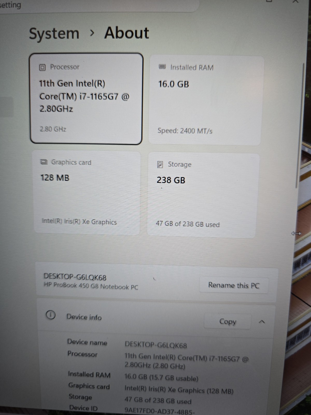 (NO BATTERY) HP ProBook 450 G8 i7-1165G7 @ 2.8 GHz 16GB RAM 256GB SSD Win11Pro