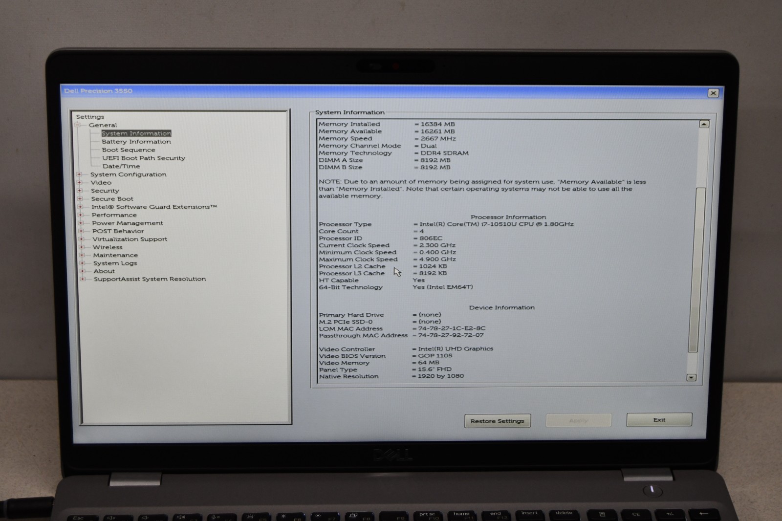 ^ Dell Precision 3550 15.6″ Intel i7-10510U @ 1.80GHz 16GB Ram No HD #X6989