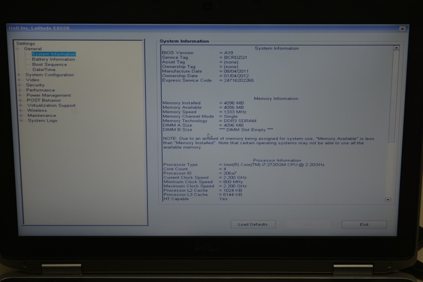 Dell Latitude E6520 Intel Core i7-2720QM @ 2.20GHZ 4GB Ram No HD #W104