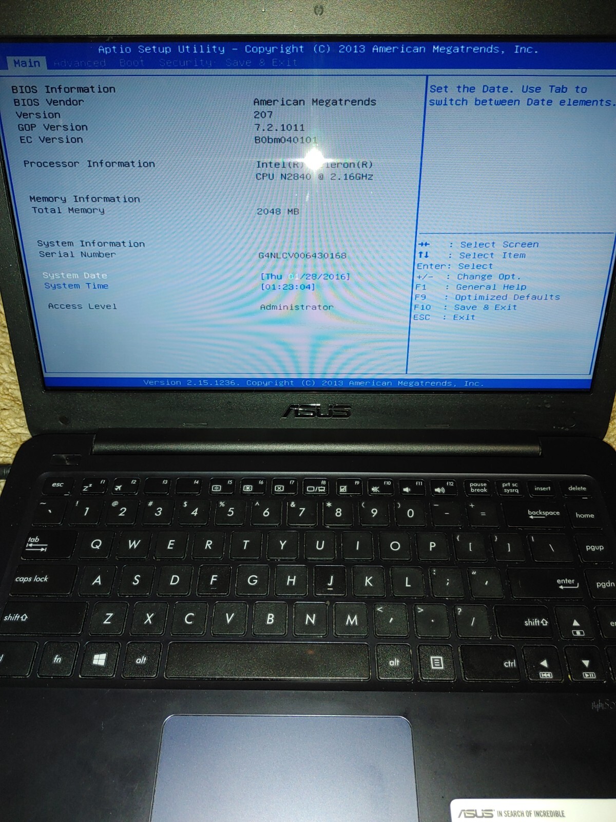 USED ASUS Laptop E402M HDD: 32GB PROC: 2.58 GHz Intel BYT-M 2 Core 2840 RAM: 2GB