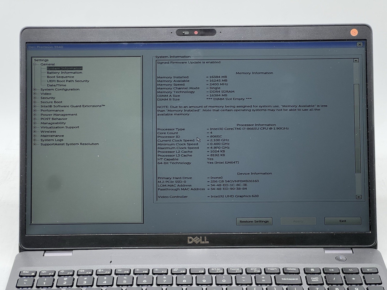 Dell Precision 3540, i7-8665U CPU, @ 1.90GHz, 16GB RAM, 256GB NVMe-No OS/AC