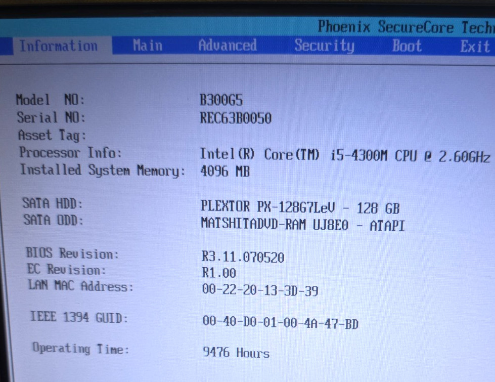 Getac B300 G5| Intel Core i5-4300M| 4GB RAM| 128GB SSD| No OS| 9476 Hours