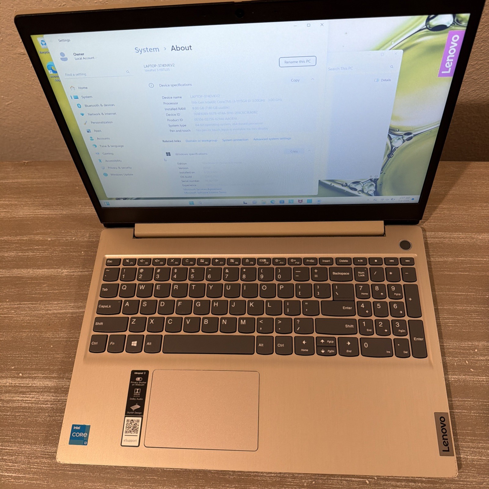 Lenovo IdeaPad 3 15ITL05 i3-1115G4 3.0GHz |8GB Ram |256GB SSD |window 11 S Mode