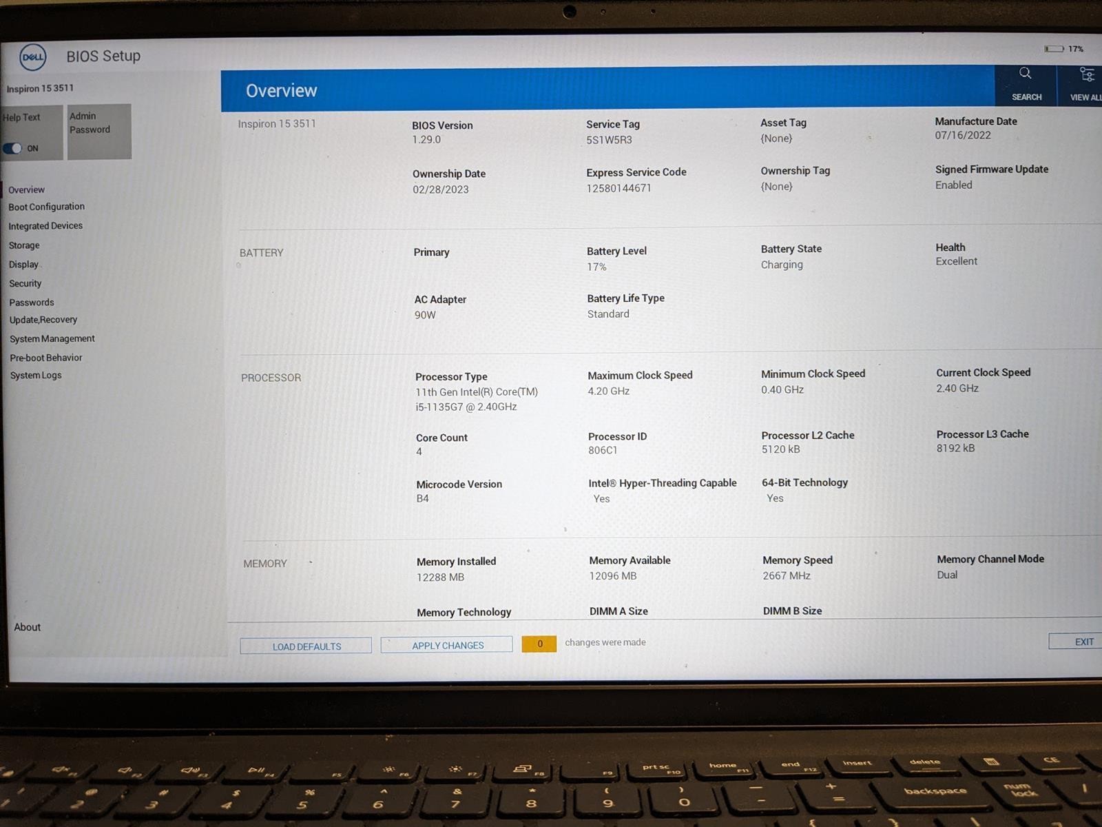 DELL INSPIRON 15 3511 i5-1135G7 @ 2.40GHz, 12GB RAM, NO HDD/OS