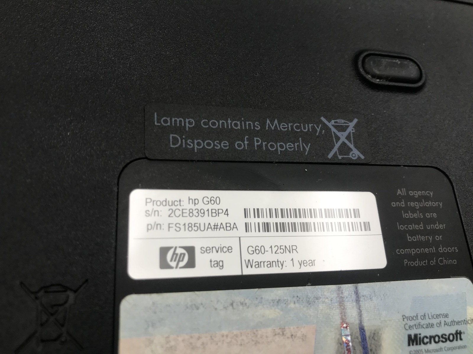 HP G60 125NR – BOOTS TO BIOS – AMD TURION DUAL CORE – 3GB RAM – READ -BB