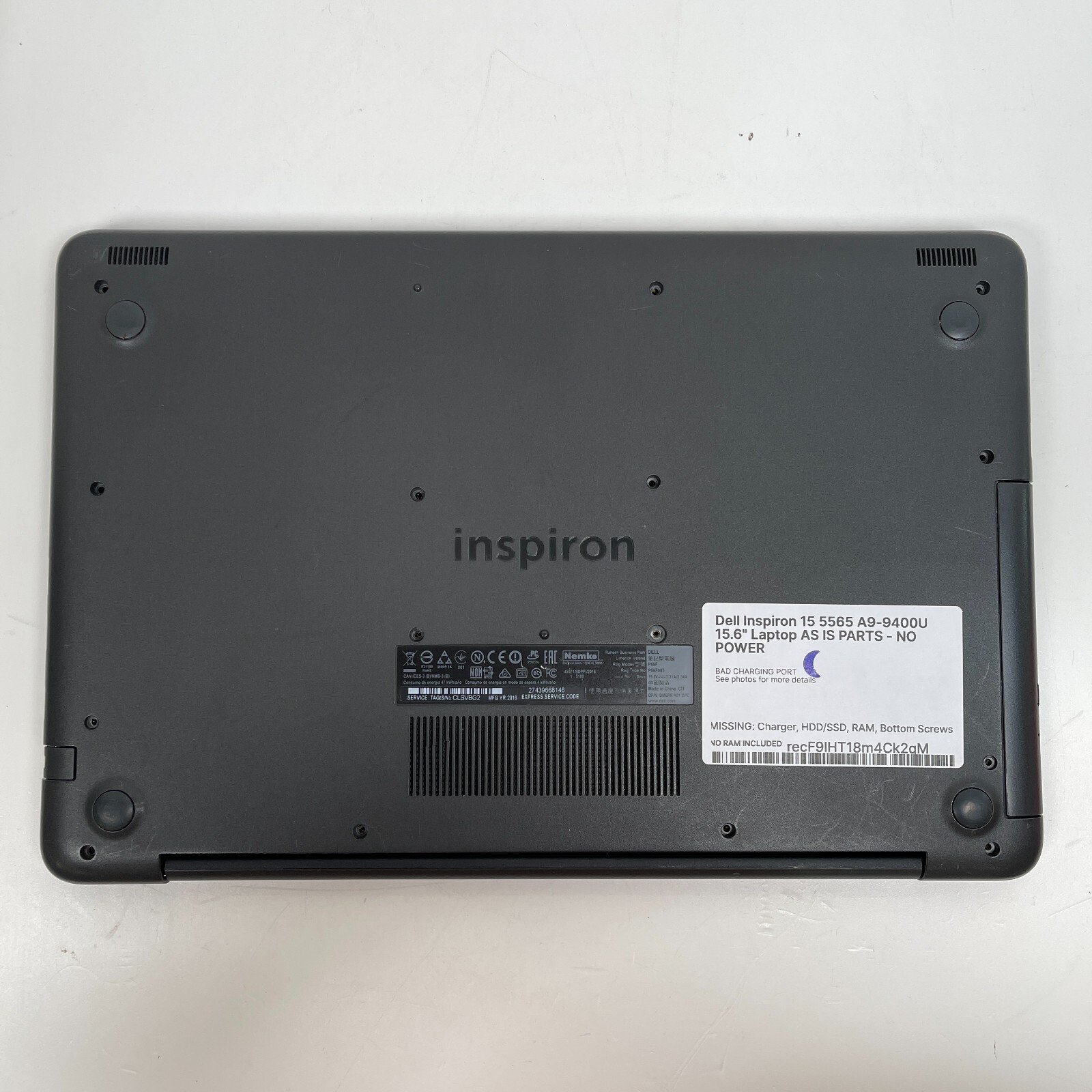 Dell Inspiron 15 5565 AMD A9-9400U 15.6″ Laptop AS IS PARTS – NO POWER