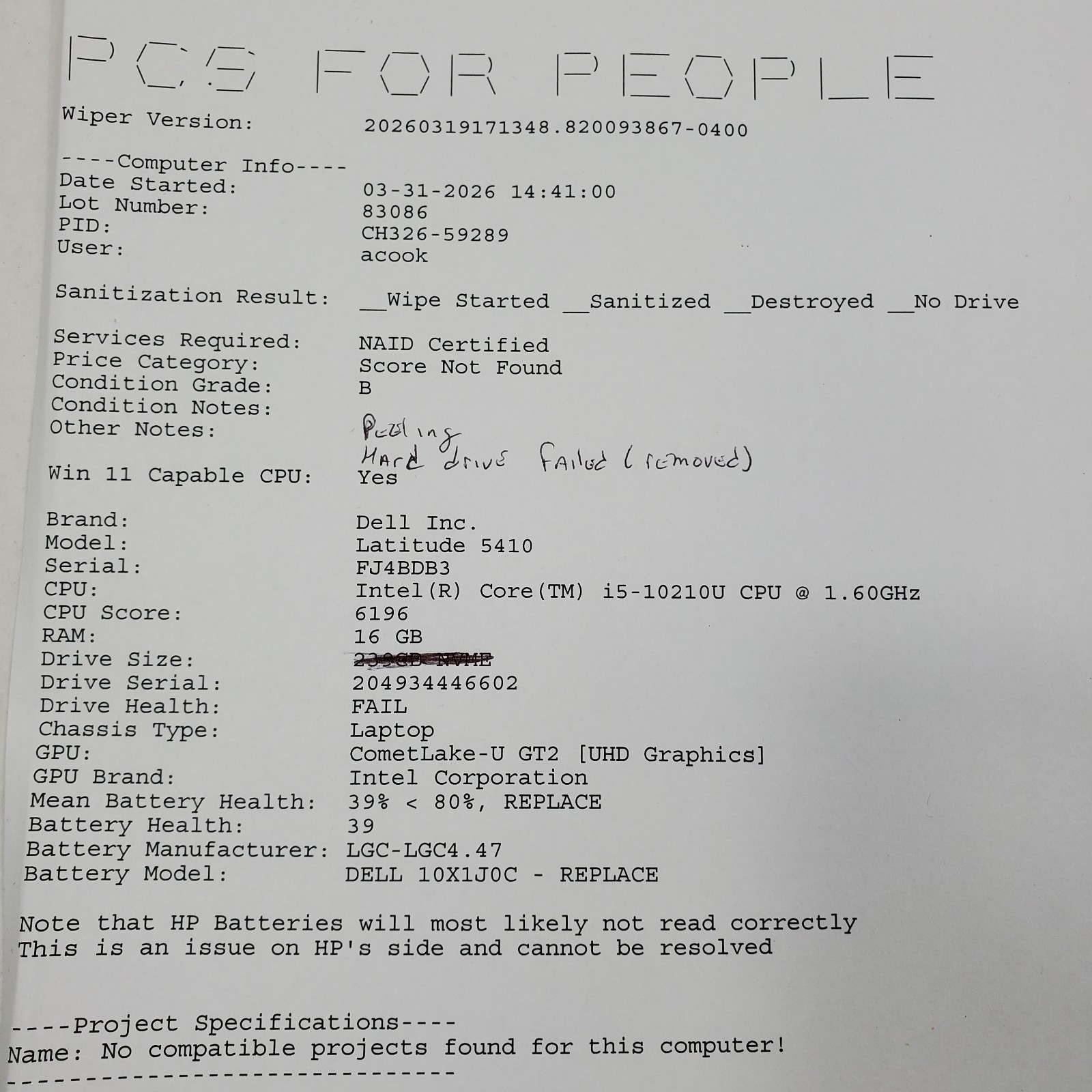 DELL LATITUDE 5410 | Intel Core i5-10210U | 256GB | 16GB RAM | NO SSD *PEELING