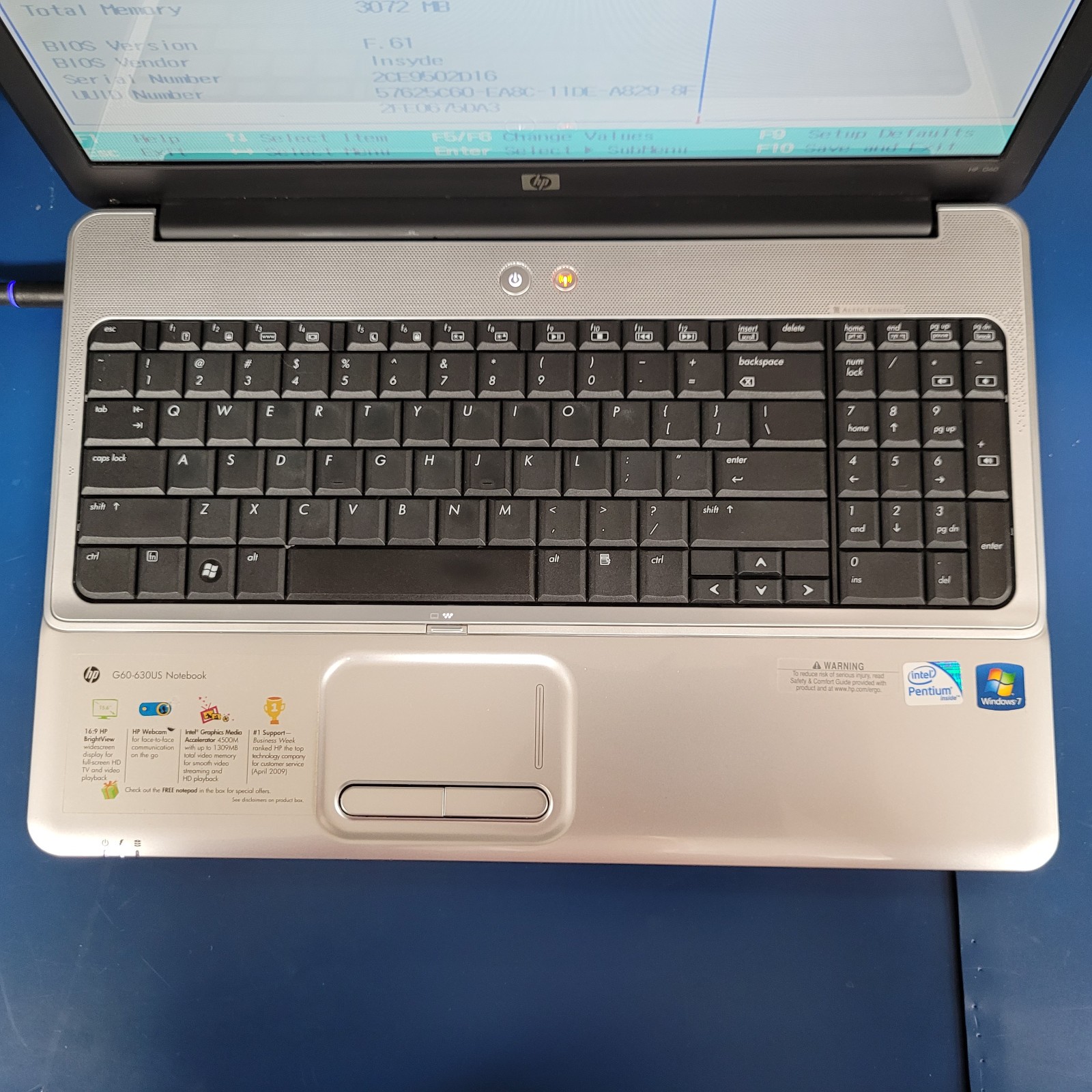 HP Pavilion G60-508us / Intel Pentium T4400 / 3 GB RAM / NO HDD