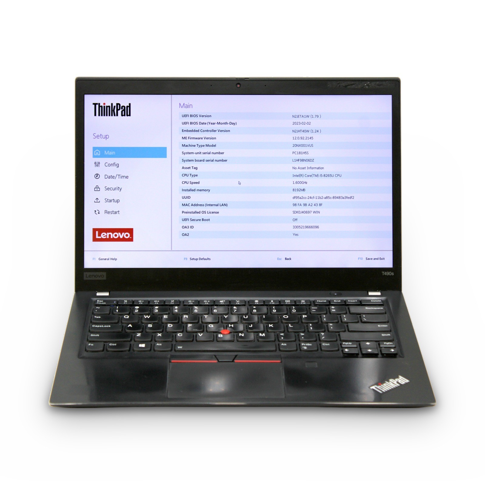 Lenovo ThinkPad T490S 14in i5-8265U 8GB No Drive, OS, Power Cord Grade B