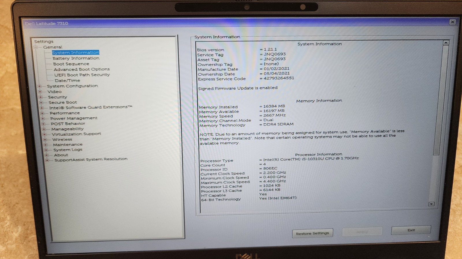 Dell Latitude 7310 13.3″ FHD i5-10310U 16GB RAM No SSD