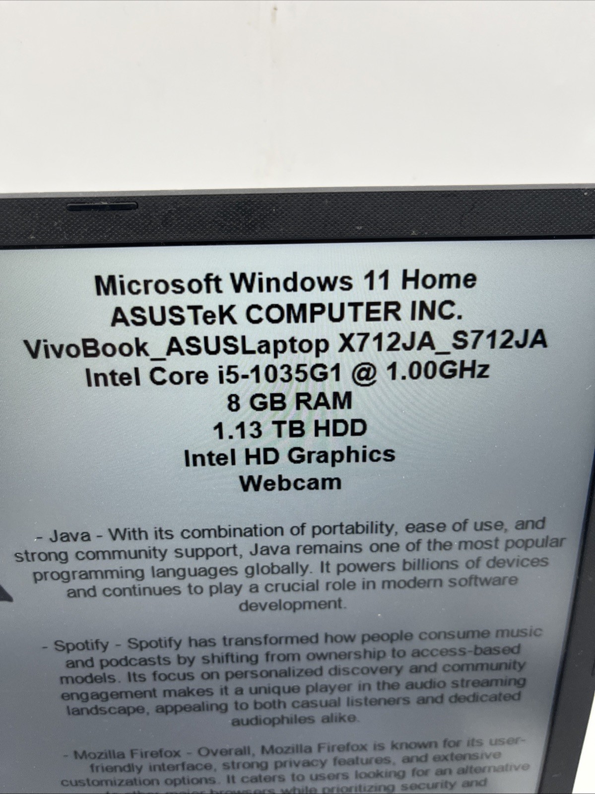 Asus Vivobook 17 S712J Core i5-1035G1 1.0GHz 8GB RAM 1.13TB HDD