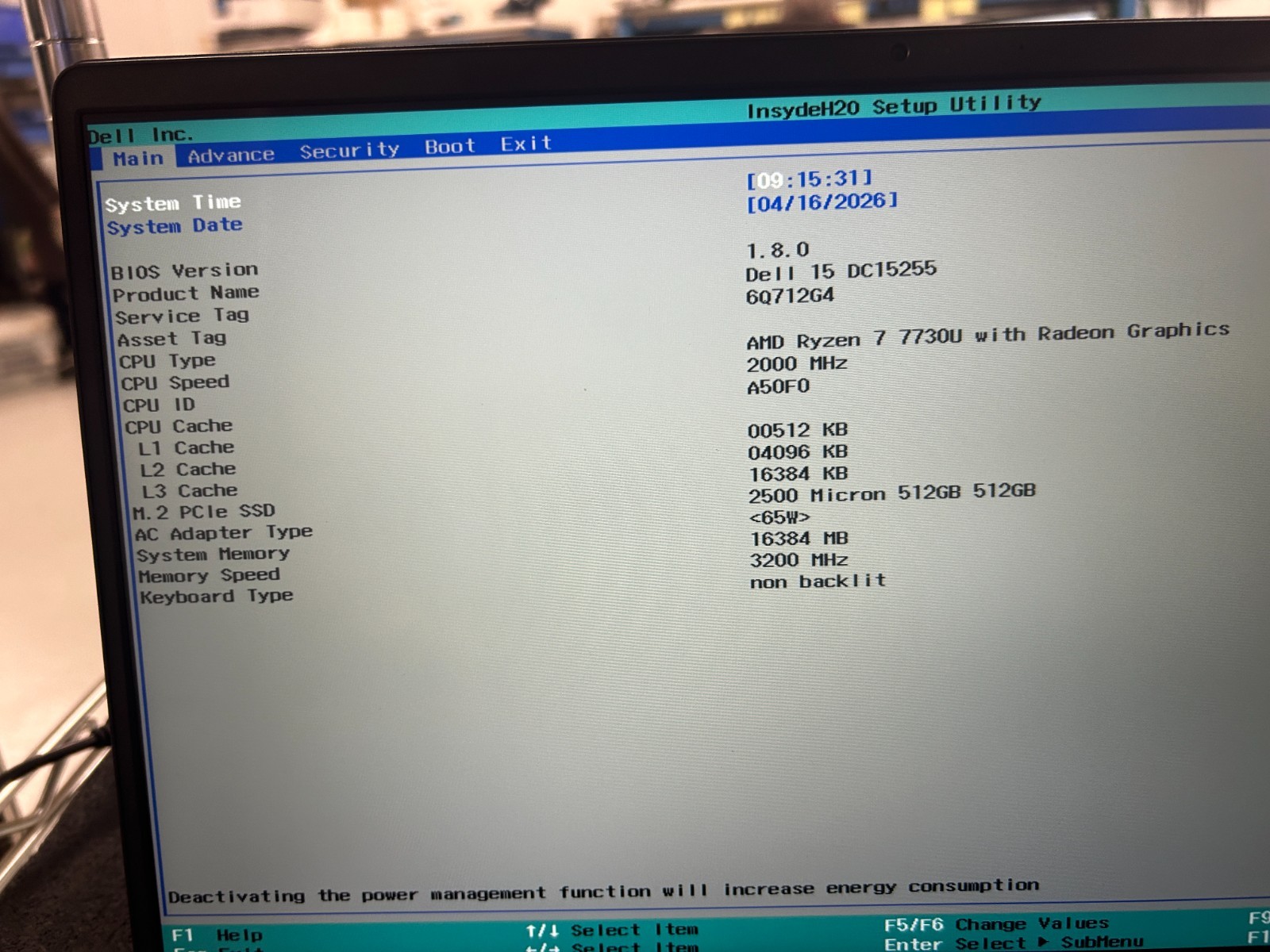 DELL 15 DC15255 G8MK9, AMD Ryzen 7 7730U, 2.00 GHz, 16 GB RAM, 512 GB NVMe SSD
