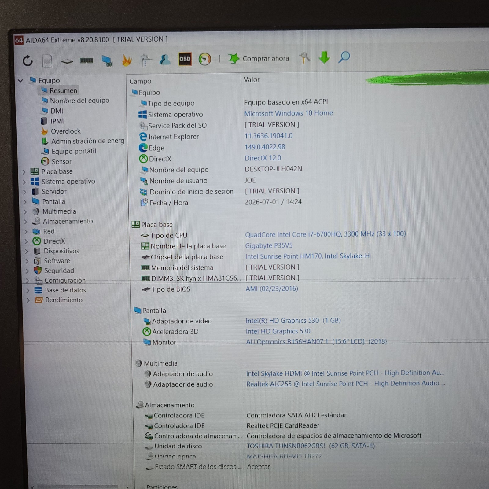 GIGABYTE P35X-V5 GAMING LAPTOP CORE i7-6700HQ 2.60GHz 8GB RAM GTX 980M 62GB SSD
