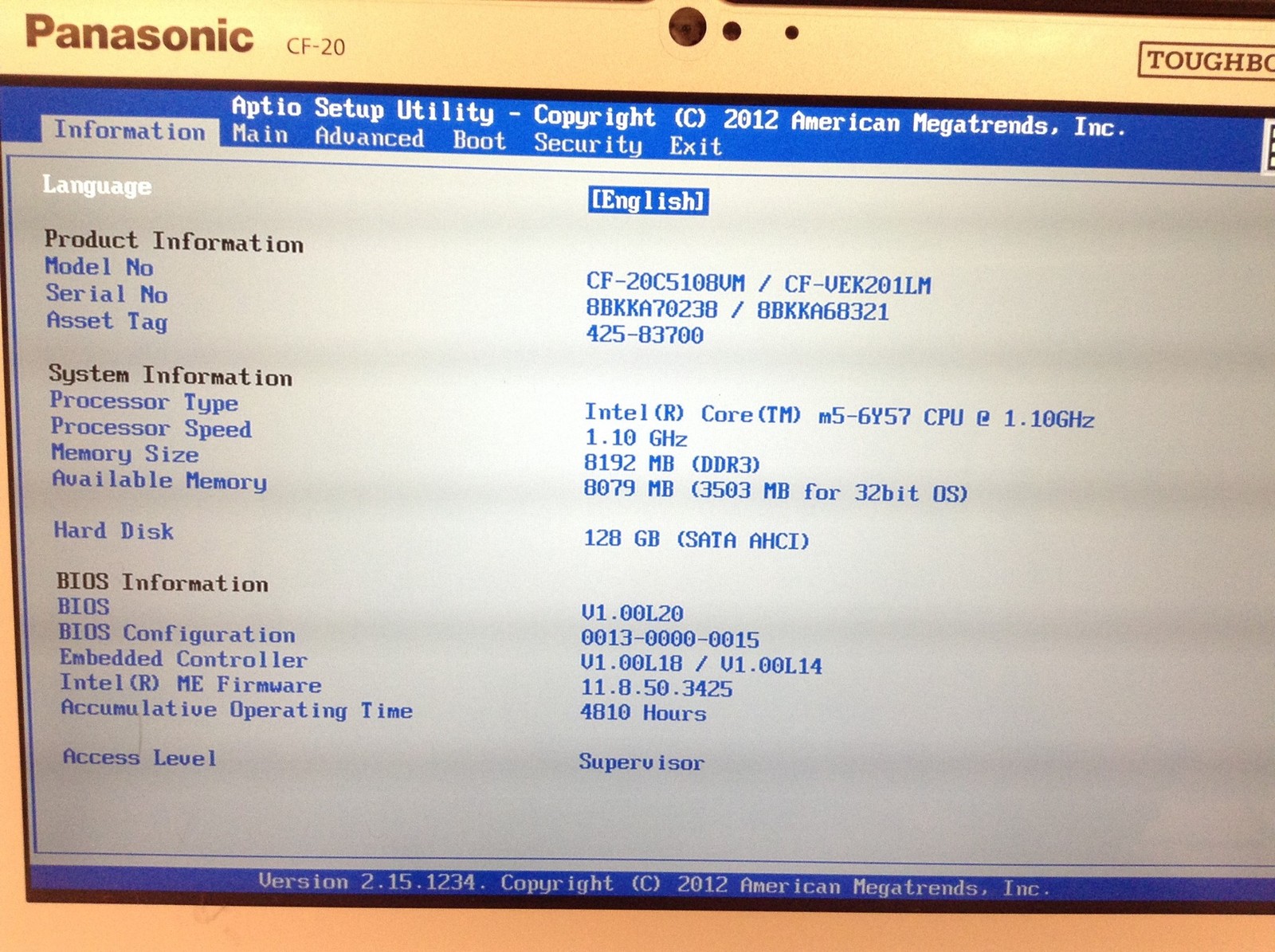 Panasonic Toughbook CF-20 MK1 Tablet 10.1″ M5-6Y57 1.10GHz 8GB 128GB SSD 4K HRS