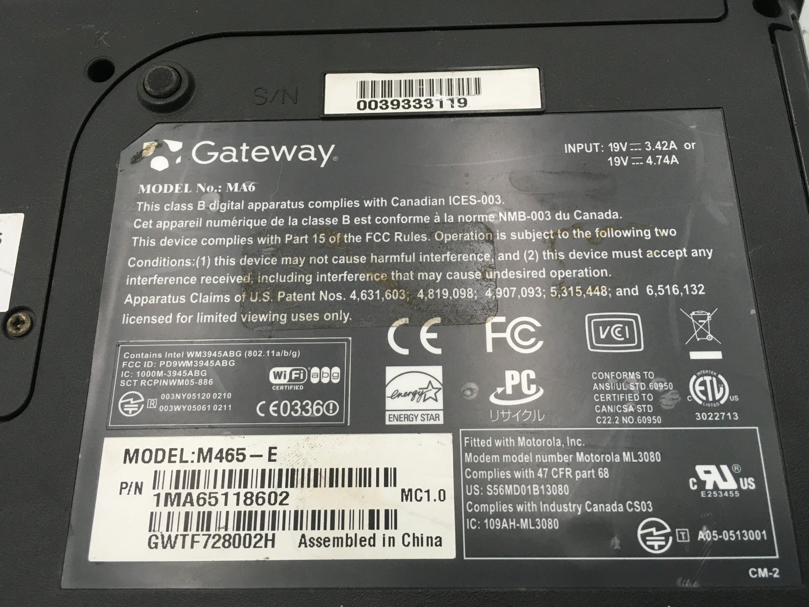 GATEWAY MA6 M465 E – BOOTS TO BIOS – INTEL 2 DUO T5500 – 2GB RAM – READ DESC -BB