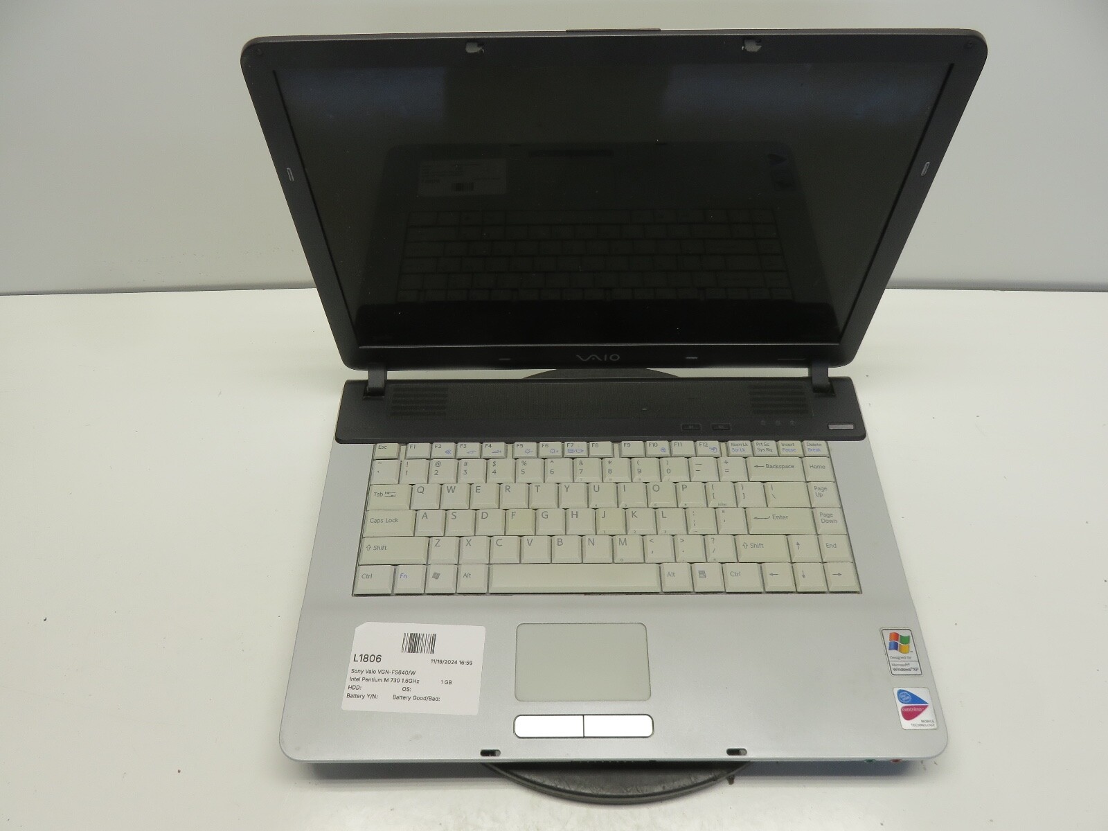 Sony Vaio VGN-FS640/W PCG-7A2L Intel Pentium M 730 1.6GHz 1 GB NO HDD No Batt