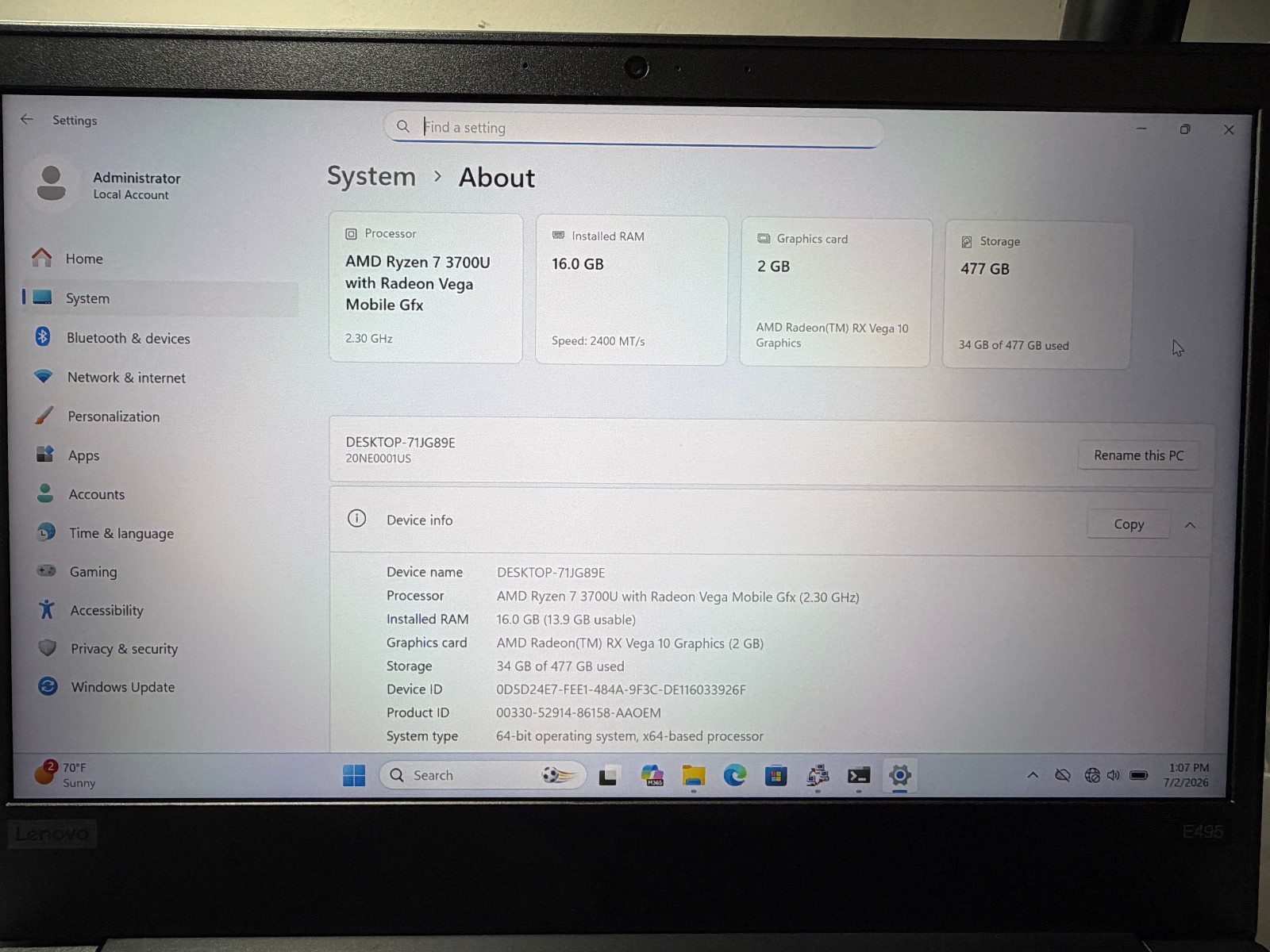 Lenovo ThinkPad E495 14″ AMD Ryzen 7 3700U 16GB RAM 512GB SSD Windows 11