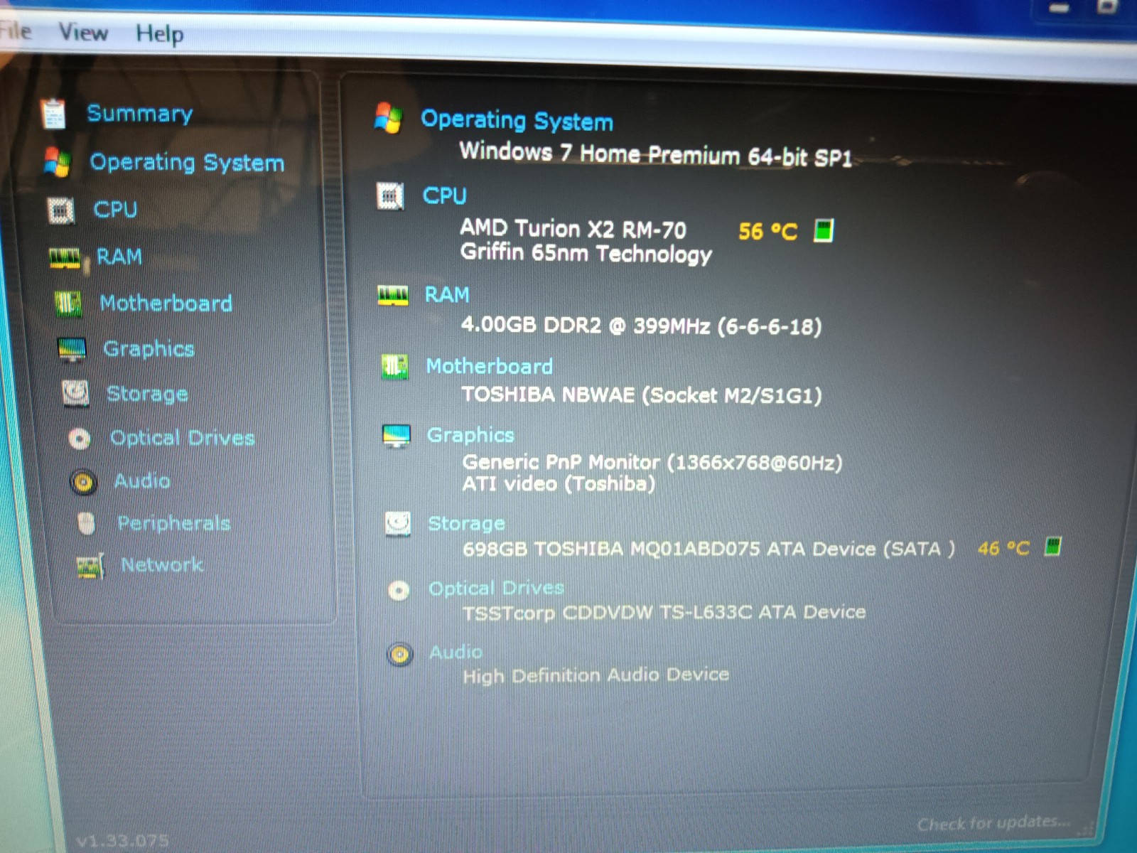 Toshiba L455D-S5976/AMD Turion RM-70 2.00ghz/4gb/750gb/Windows 7 Home/Vga/15.6