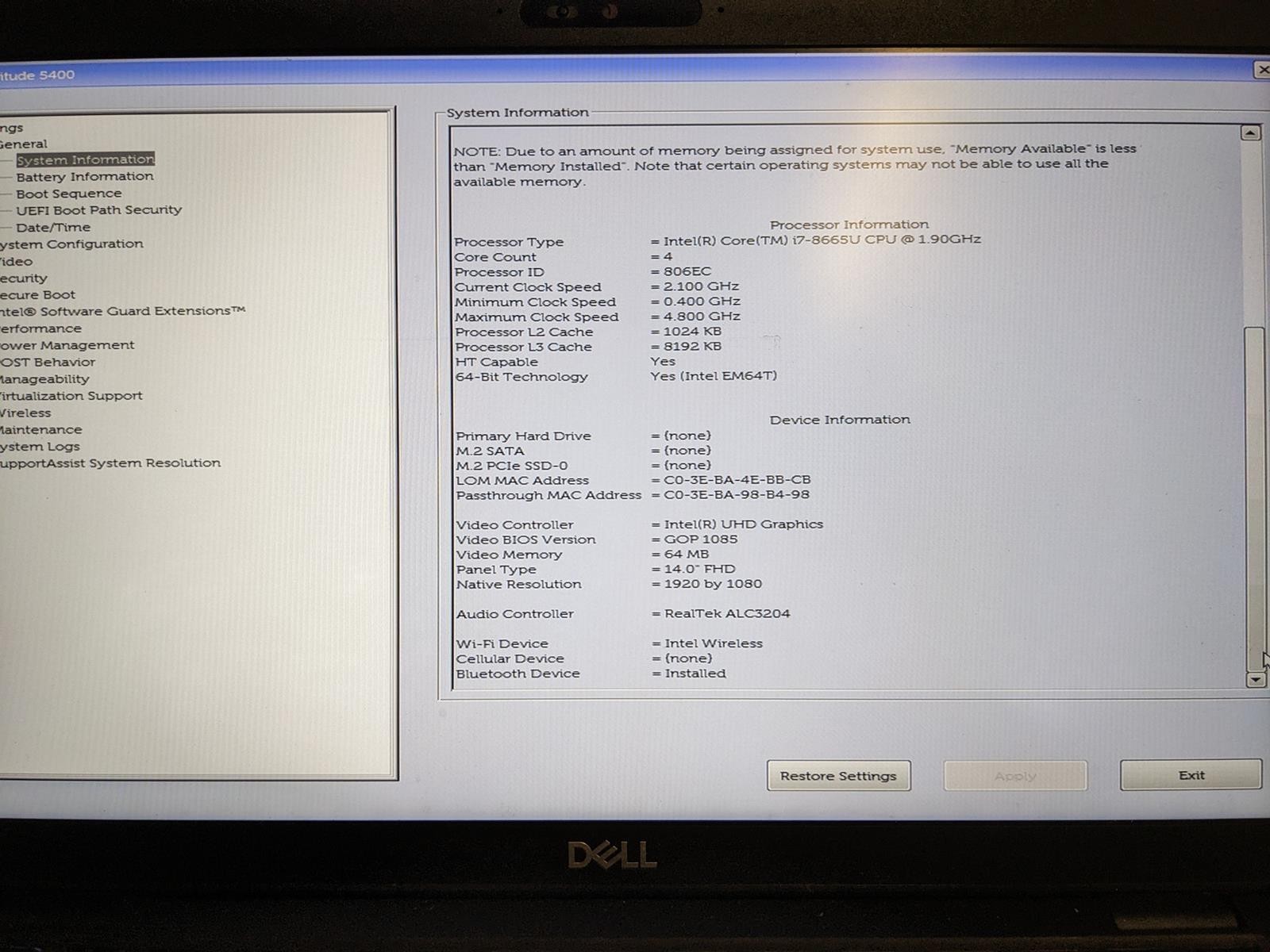 DELL LATITUDE 5400 i7-8665U @ 1.90GHz, 8GB RAM, NO HDD/OS – (FOR PARTS)