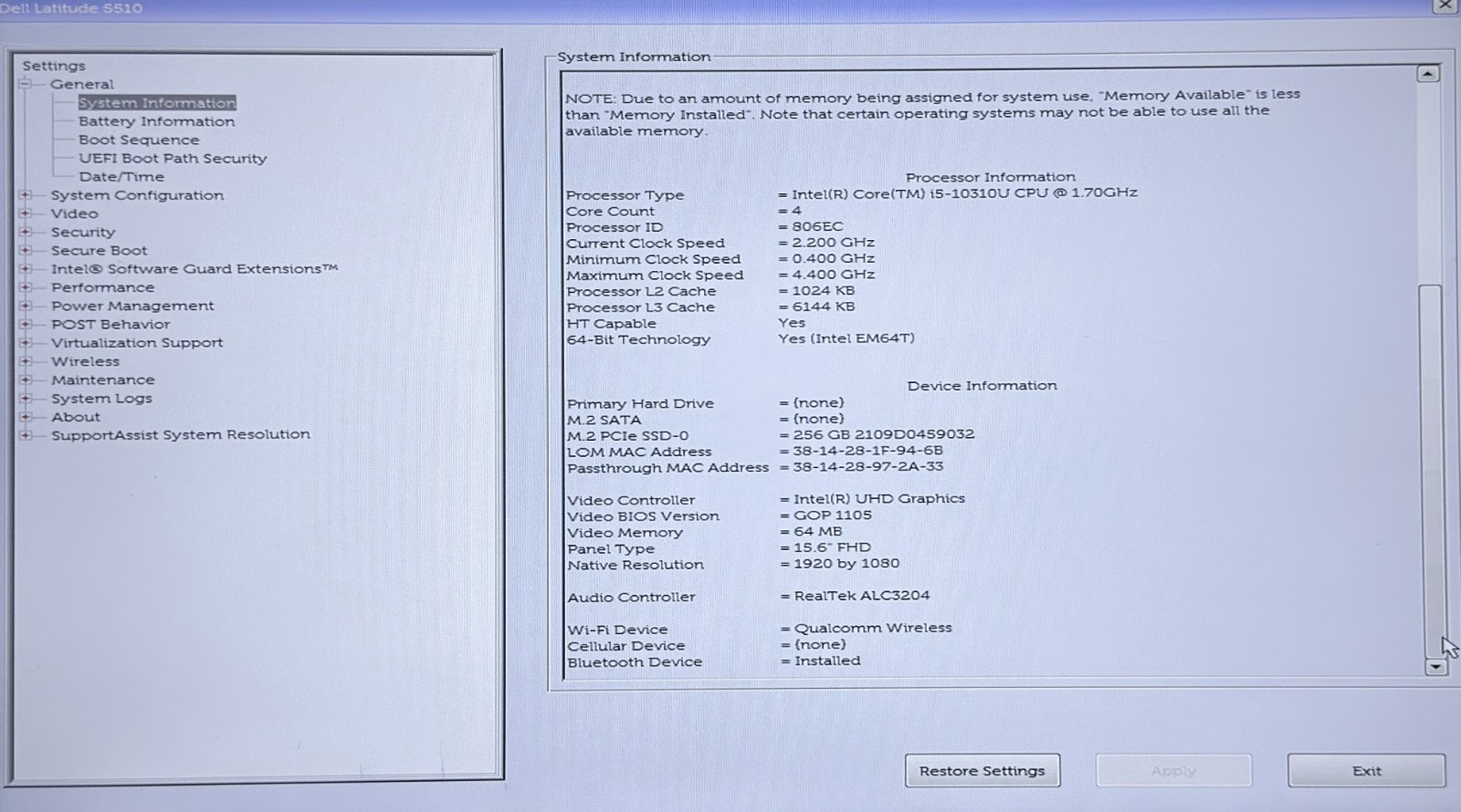 Dell Latitude 5510 15.6″ FHD i5 10310U 1.7 GHz 16Gb Ram 256 GB NVMe Win11 Pro