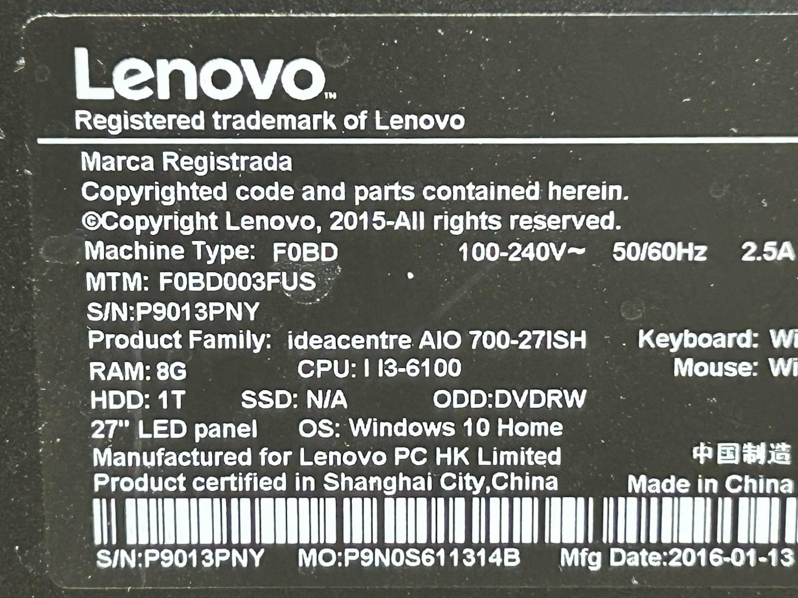 Lenovo IdeaCentre A10 700-27ISH All-In-One Intel i3-6100 8GB RAM 250GB SSD Win10