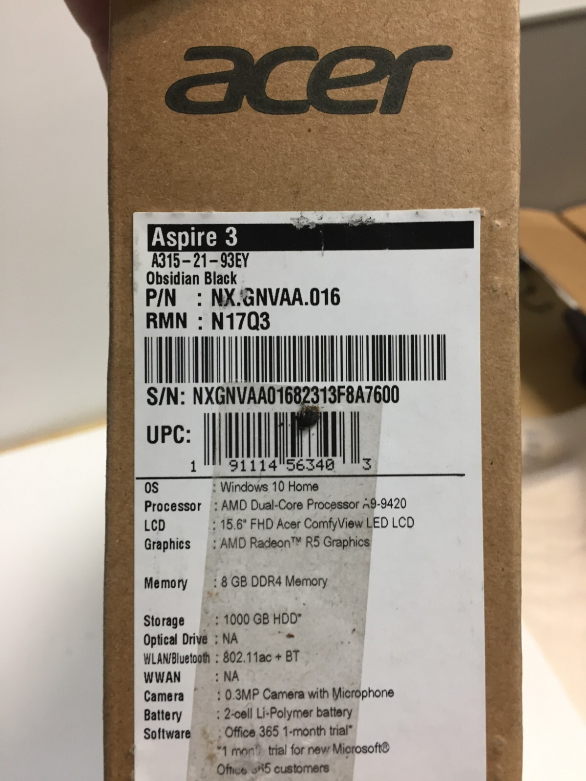 *Bad Battery*Acer Aspire 3 A315-21-93EY 15.6″ Laptop/AMD A9-9420/8GB/1TB HDD/W10