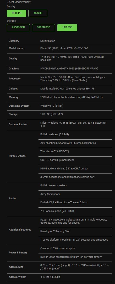 Razer Blade 14 i7-7700HQ 2.8Ghz, 1TB SSD, 16gb DDR4 2400MHz, GeForce 1060 GTX