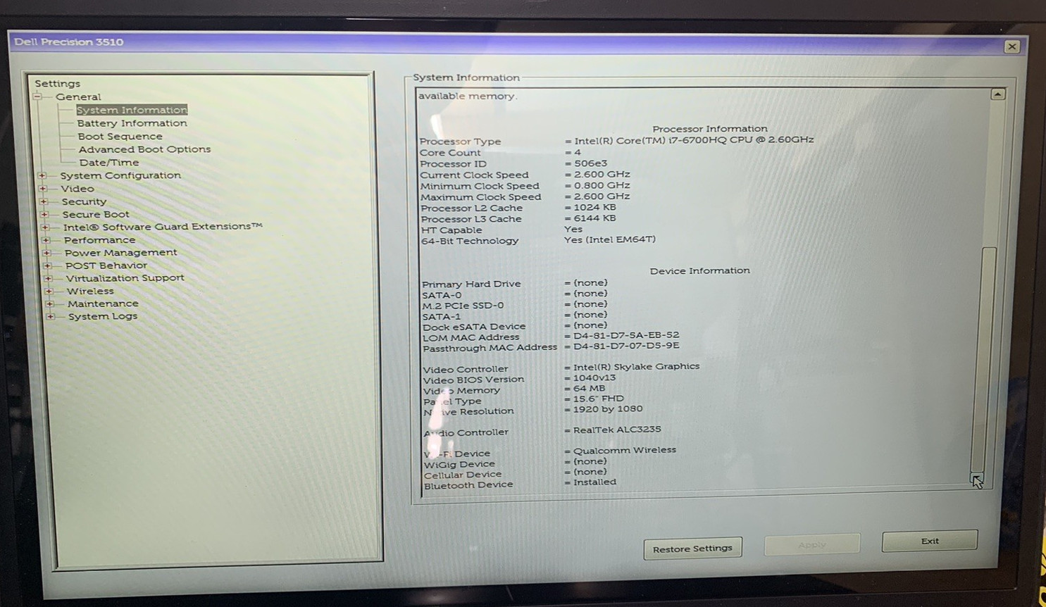 Dell Precision 3510 15.6” Intel Core i7-6700HQ 4GB DDR4 RAM 500GB HDD WIN 10P