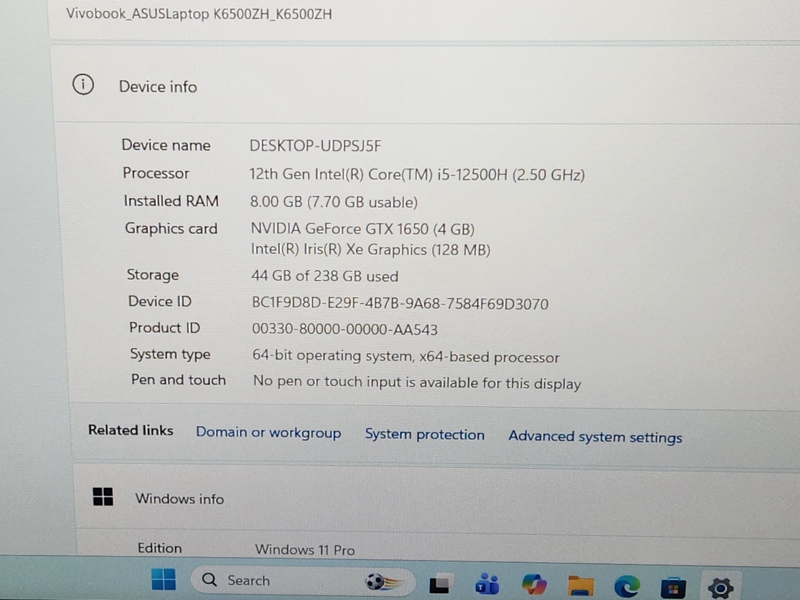 Asus VivoBook K6500Z 15.6″ FHD i5-12500H 2.5GHz 8GB 256GB SSD GTX 1650 Win 11 ~