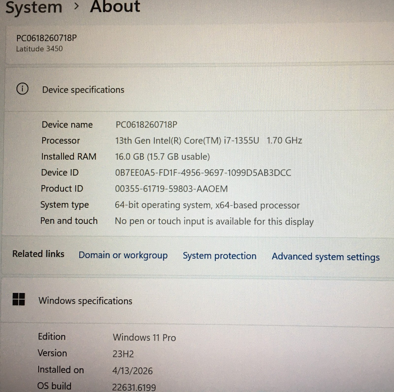 Dell Latitude 3450 i7-1355U 5.0GHz 16GB DDR5 512GB Lit KB Batt + Charger Win11