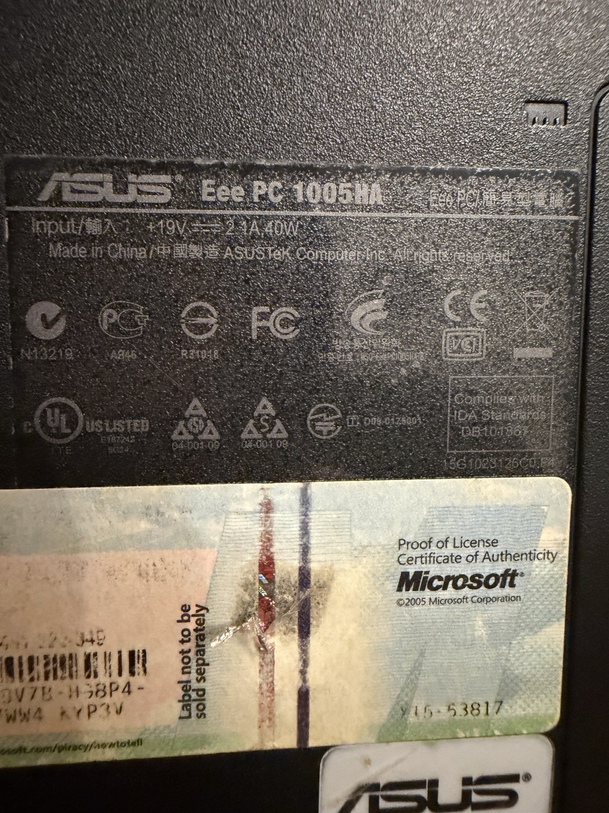 Asus EEE PC 1005HA Windows 7 10in Mini Black Laptop Intel Atom N280 220Gb HDD