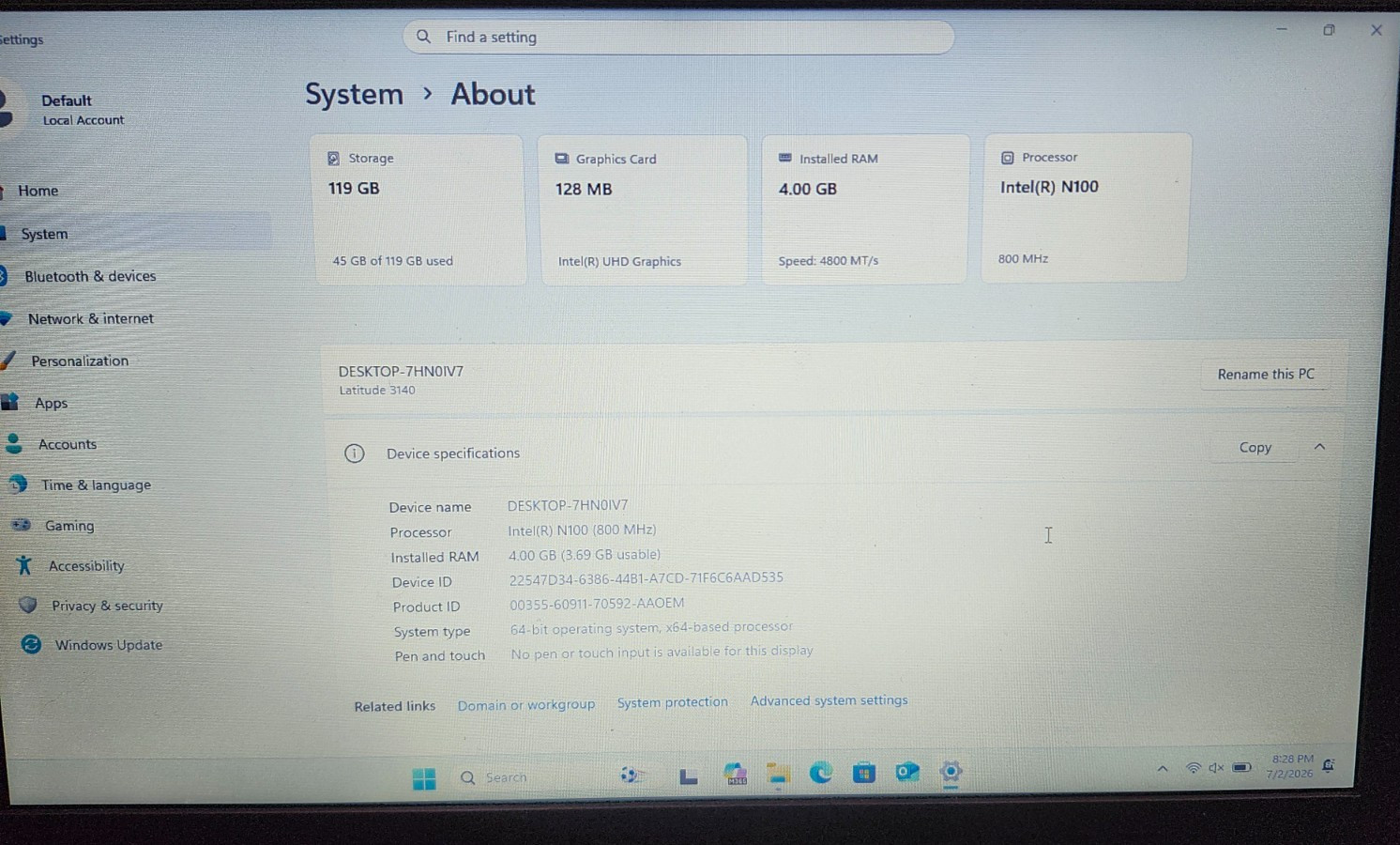 Dell Latitude 3140 Laptop 11.6” HD+ Intel N100 4GB RAM 128GB W11P with charger.