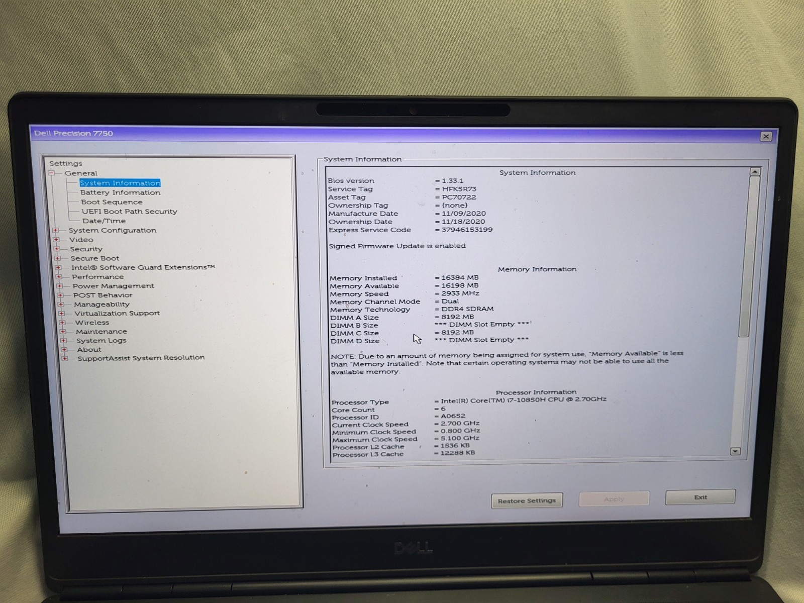 Dell Precision 7750 i7 10875H 2.30GHz 16GB 256 SSD Quadro RTX 5000 w/Win 11