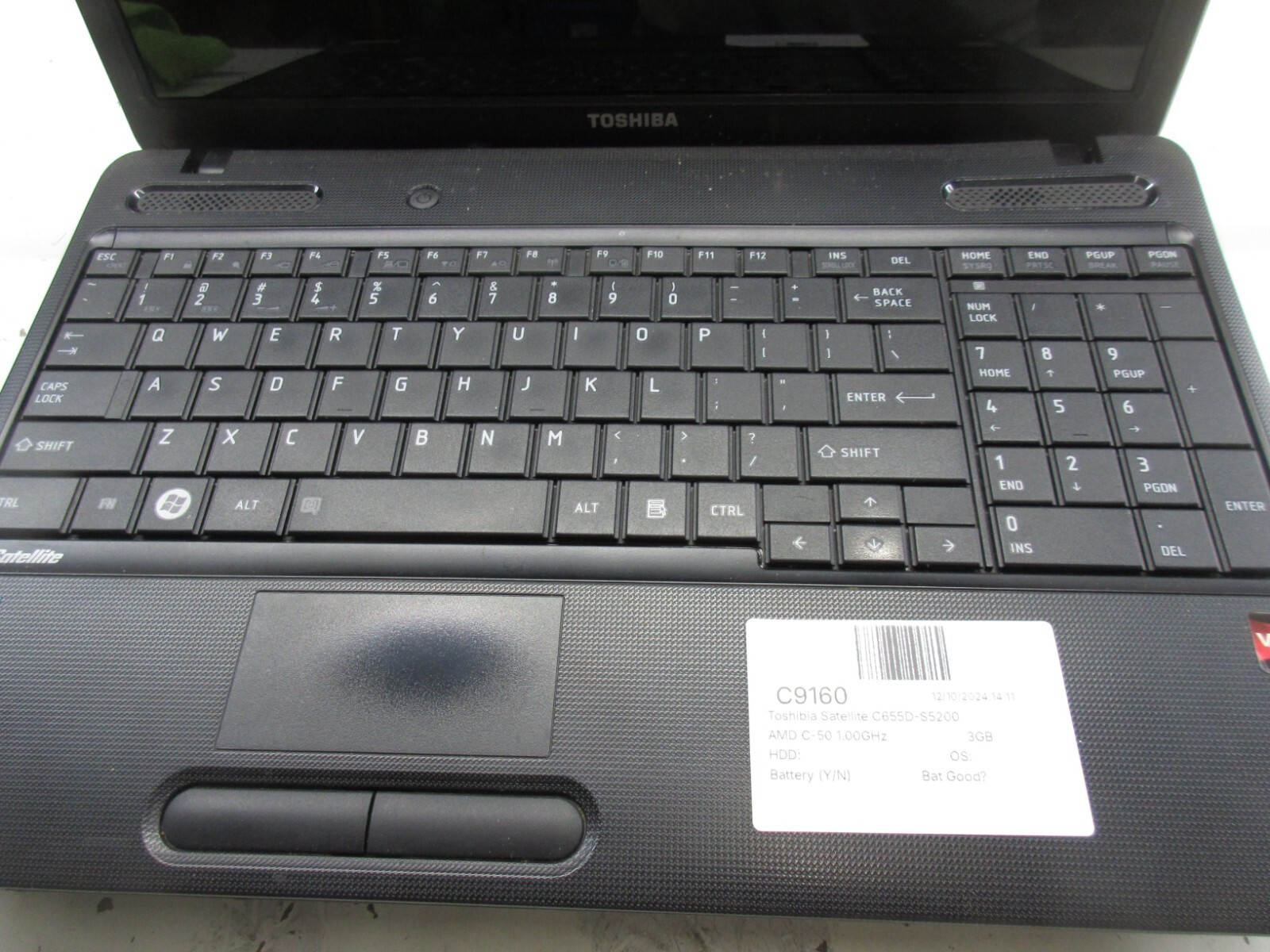 Toshibia Satellite C655D-S5200 AMD C-50 1.00GHz 3GB NO HDD No Batt