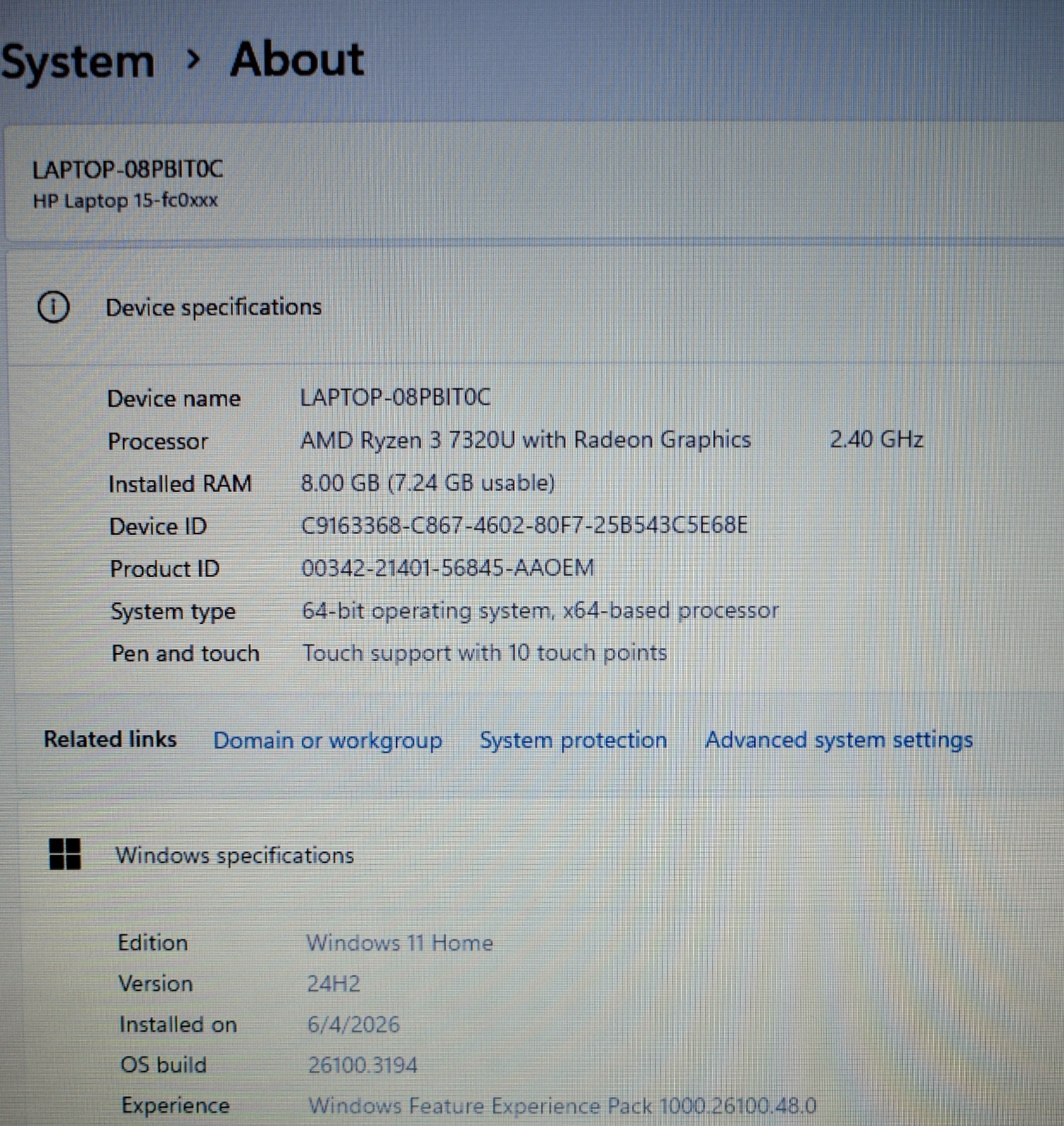 HP 15-fc0399nr Laptop 15.6″ AMD Ryzen 3 7320U 8GB Ram 256GB SSD Win11 Silver