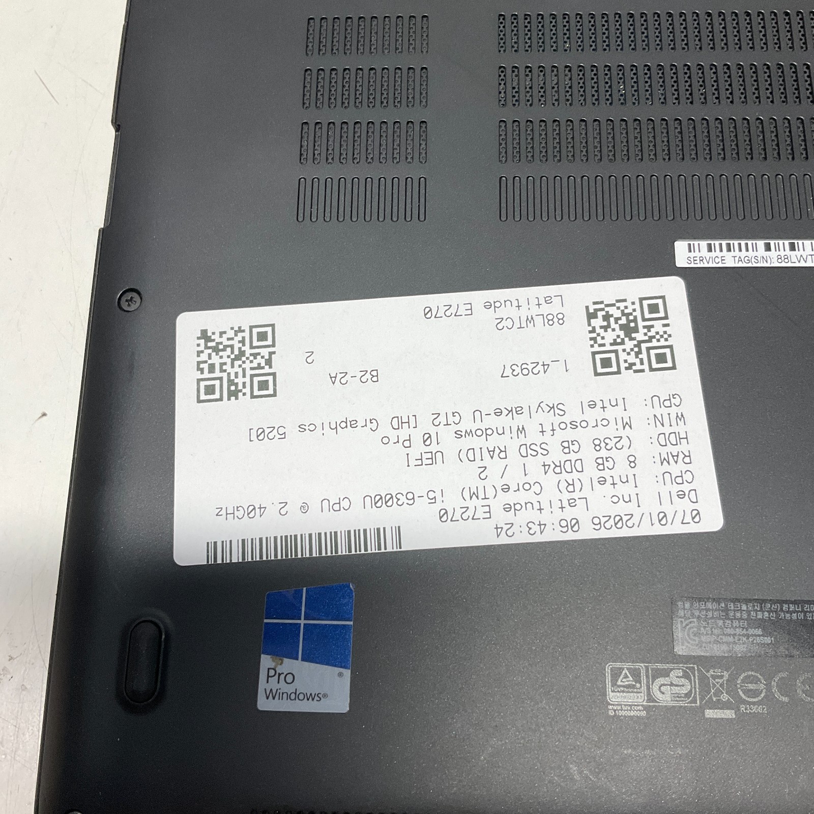 Dell Latitude E7270 Core i5-6300U 2.4Ghz 8GB Ram 256GB SSD Windows 10 Pro