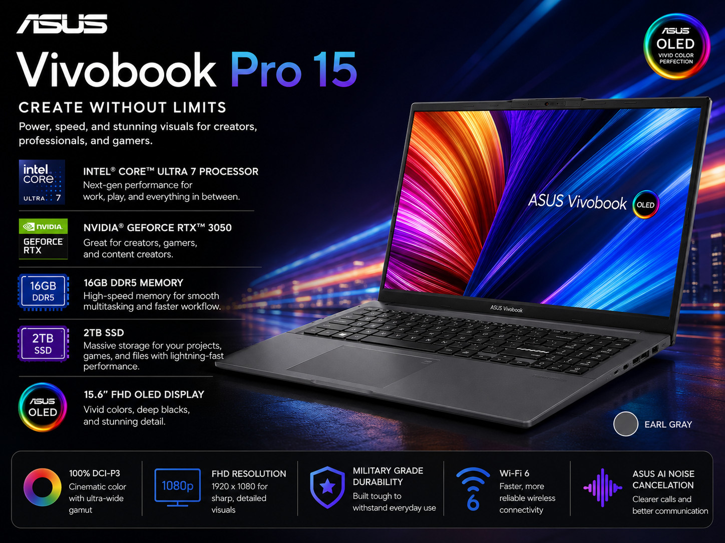 NEW ASUS Vivobook Pro 15″ OLED Laptop Intel Ultra7 16GB DDR5 2TB GeForce RTX3050