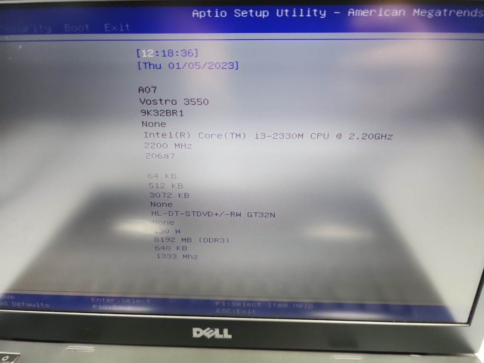 DELL Vostro 3550 Intel i3-2330 M @ 2.2 GHz 8GB RAM No HDD
