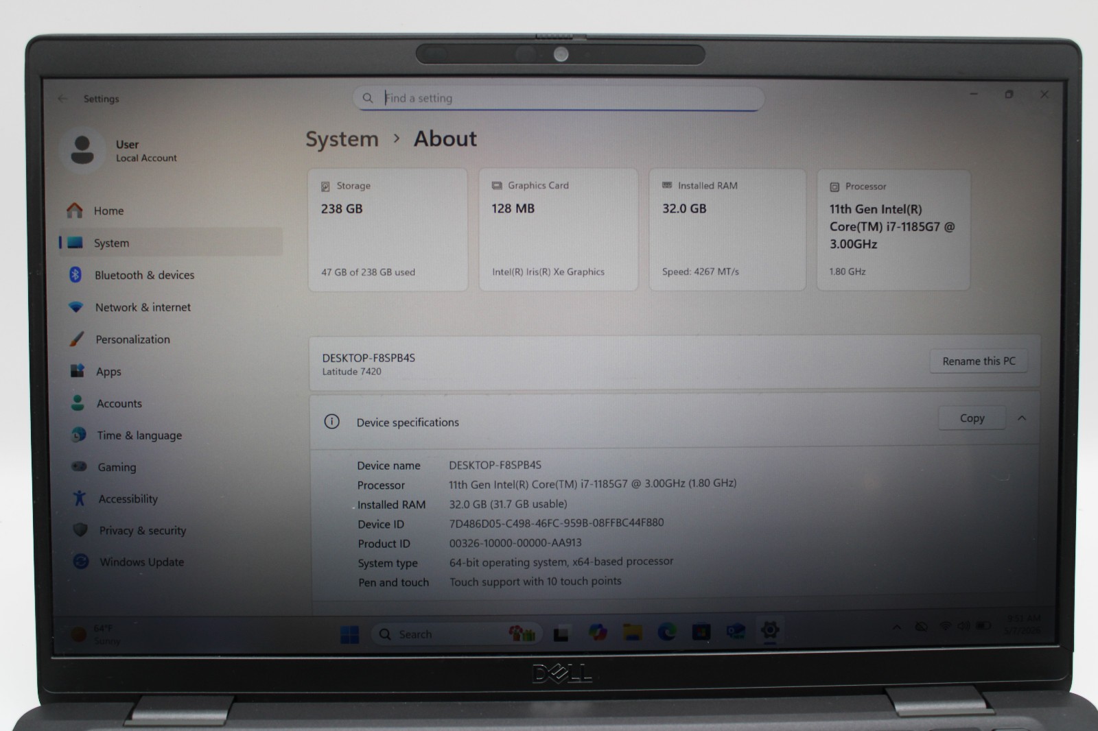 Dell Latitude 7420 Touch i7-1185G7 32GB RAM 256GB SSD W11H *READ