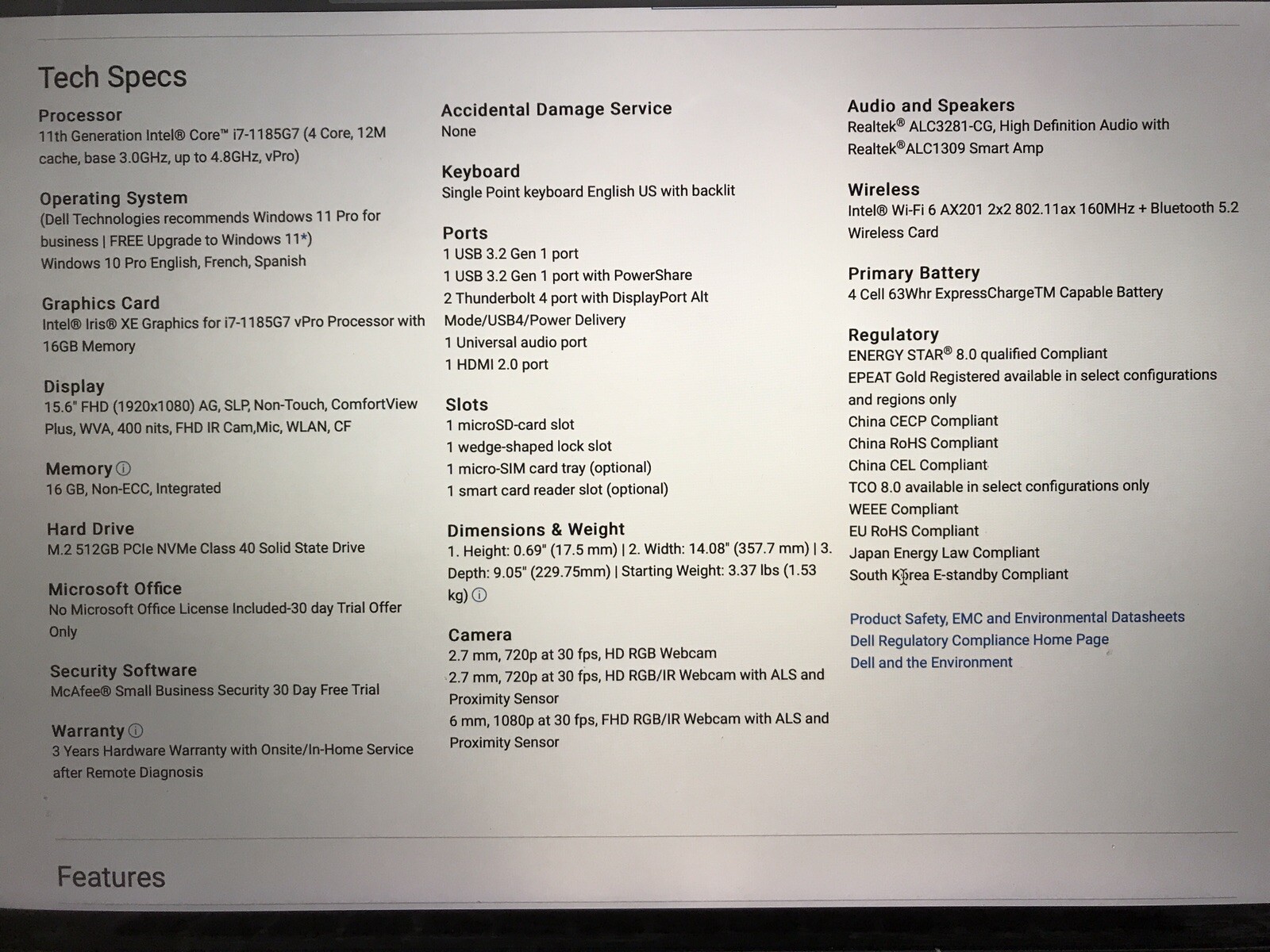 Dell Latitude 7520 15.6″ i7-1185G7 16GB 512GB NVMe Windows 10 Pro – Open Box