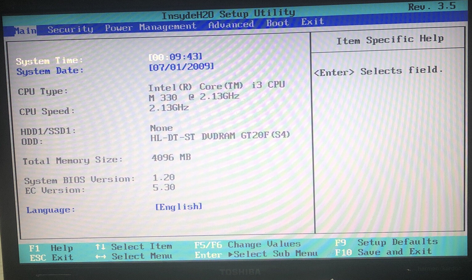 Toshiba Satellite A505-S6005 15.6” / Intel i3 M330 @ 2.13GHz boot to bios no hdd