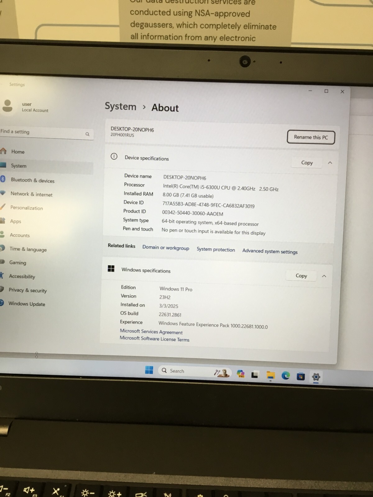 Lenovo Thinkpad T560 15.6” 256GB Core i5 6th Gen 2.40 GHz 8GB WIN 11 PRO