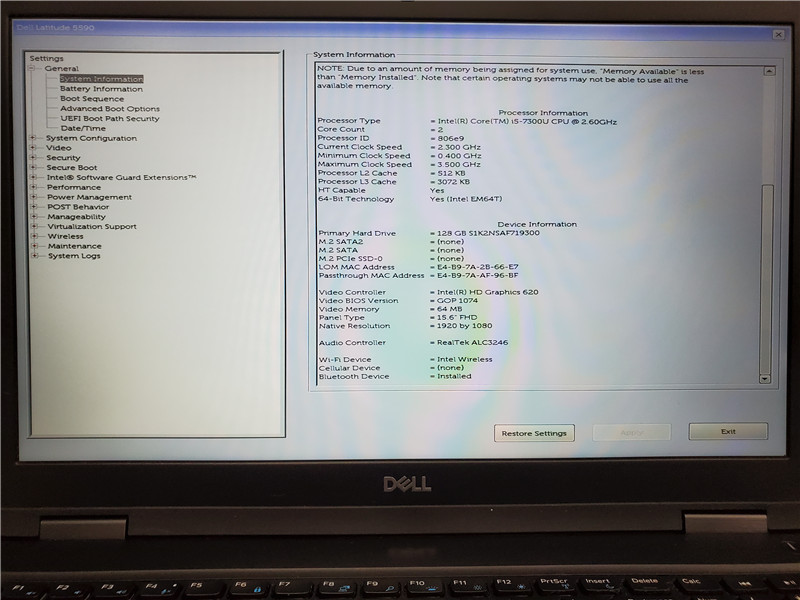 Dell Latitude 5590 Laptop i5-7300U 2.6GHz 8GB 128GB SSD Win10 COA Grade C