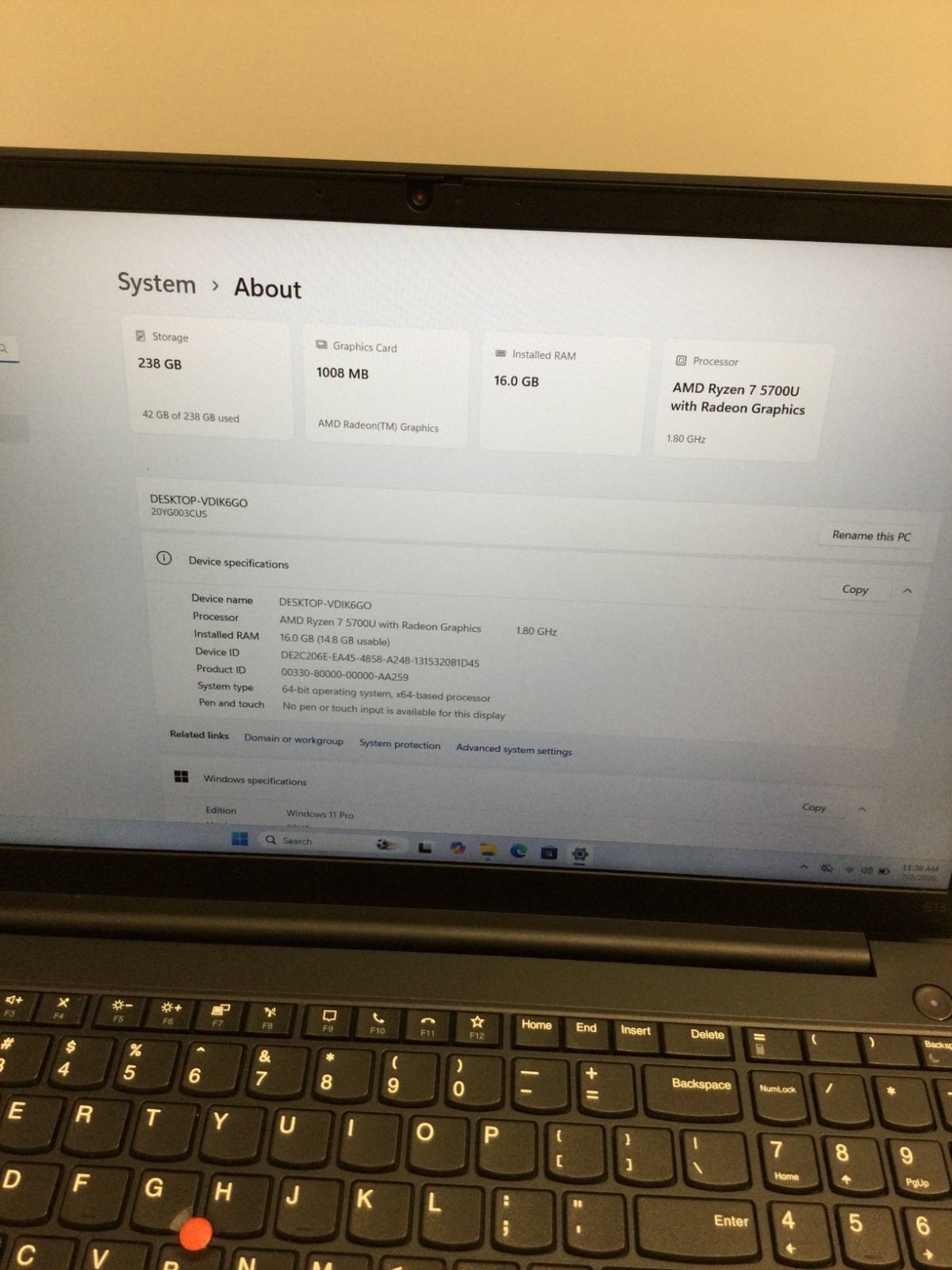 LENOVO ThinkPad E15 Gen 3 AMD Ryzen 7 5700U 16GB 256SSD WIN 11 PRO