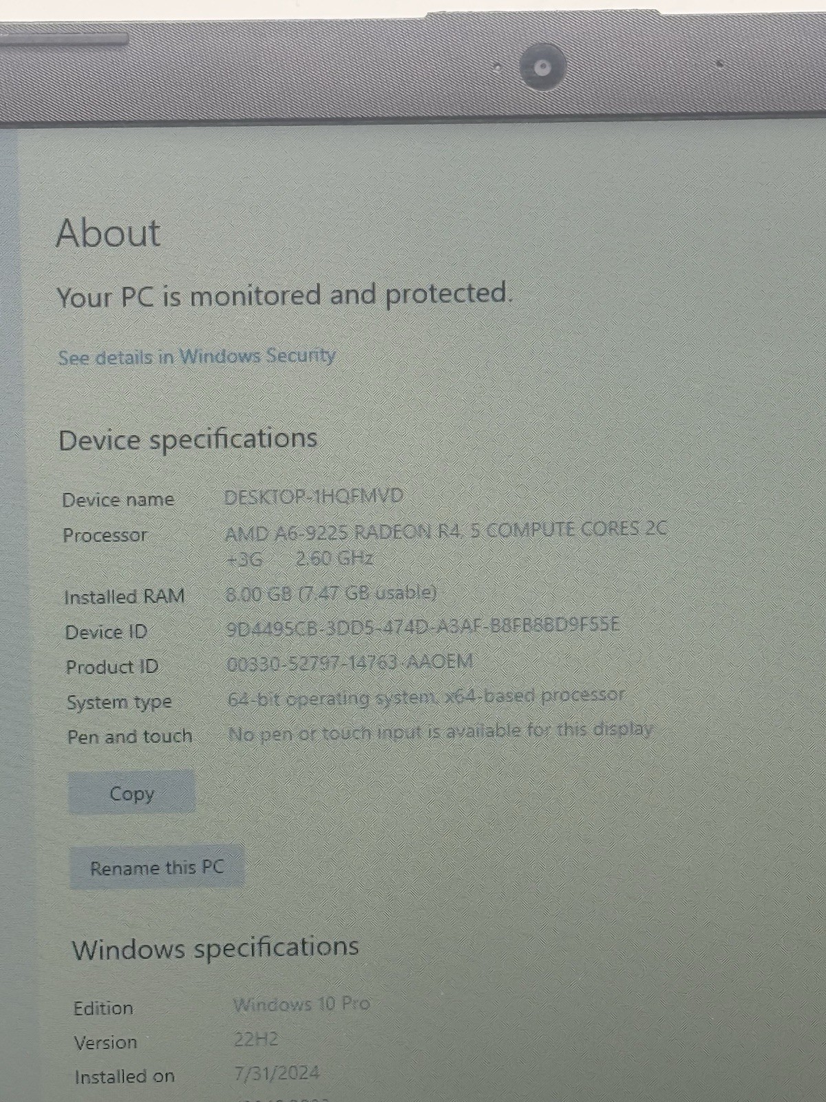 HP 255 G7 15.6” Laptop AMD A6-9225 8GB RAM 256GB SSD Win10P